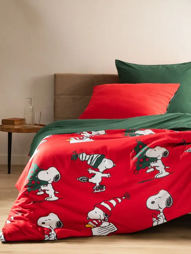 Pościel SNOOPY z mikrofibry czerwono-zielona 220x200 + 2*70x80 cm