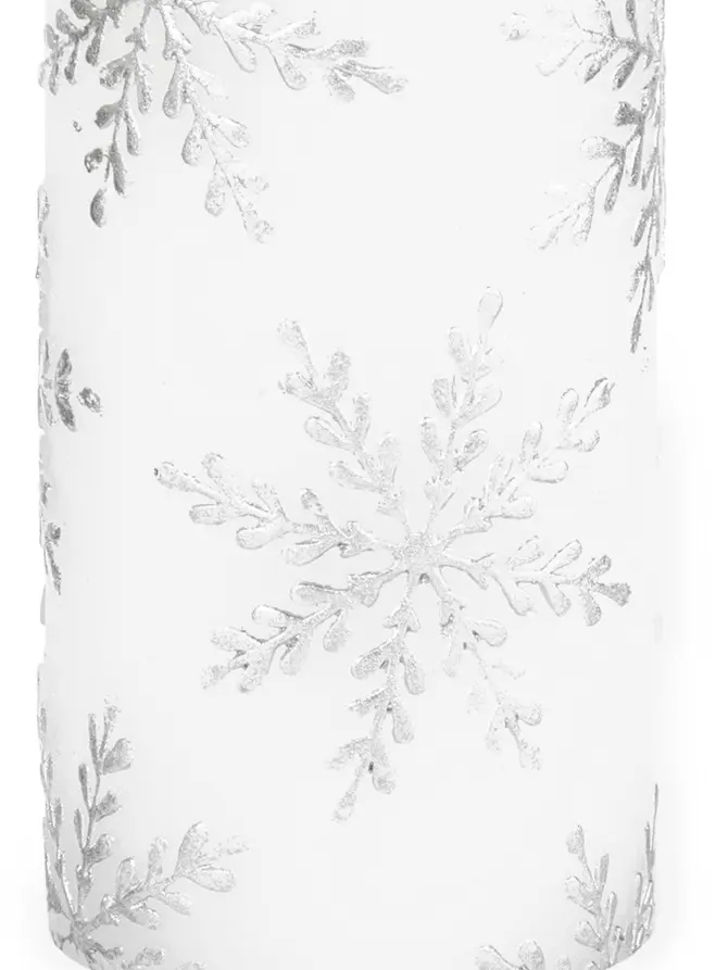 Świeca FROSTED ze śnieżynkami biała 13 cm