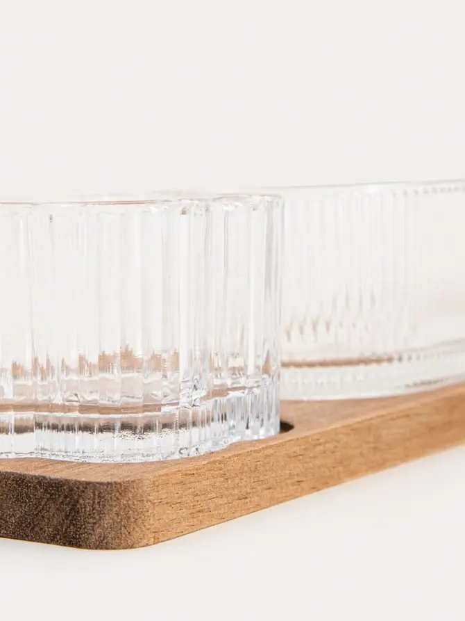 Zestaw do serwowania GIBARA na akacjowej podstawce ze szklanymi miseczkami, 33x8,5x6,5cm 3 el.