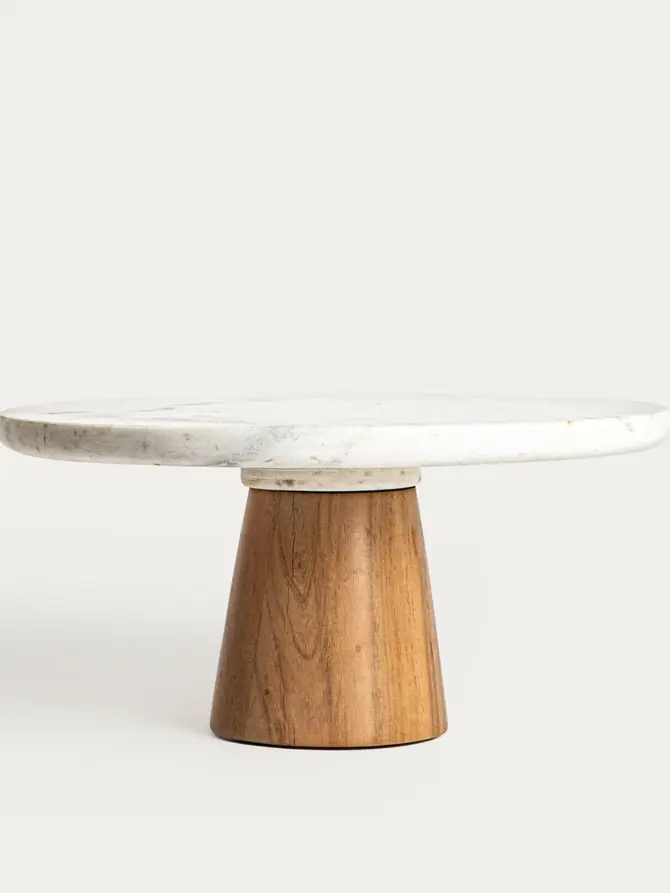 Patera MARBLE marmurowa na akacjowej nóżce 28x13 cm
