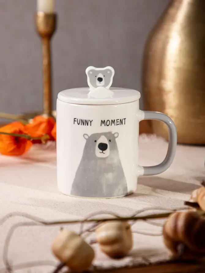 Kubek BATIS z szarym misiem i porcelanową pokrywką 0,35 l