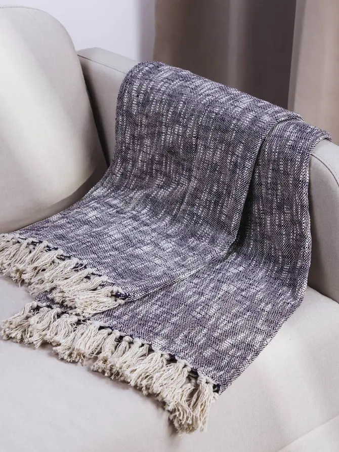 Pled NORI bawełniany z niebieskim wzorem 130x170 cm