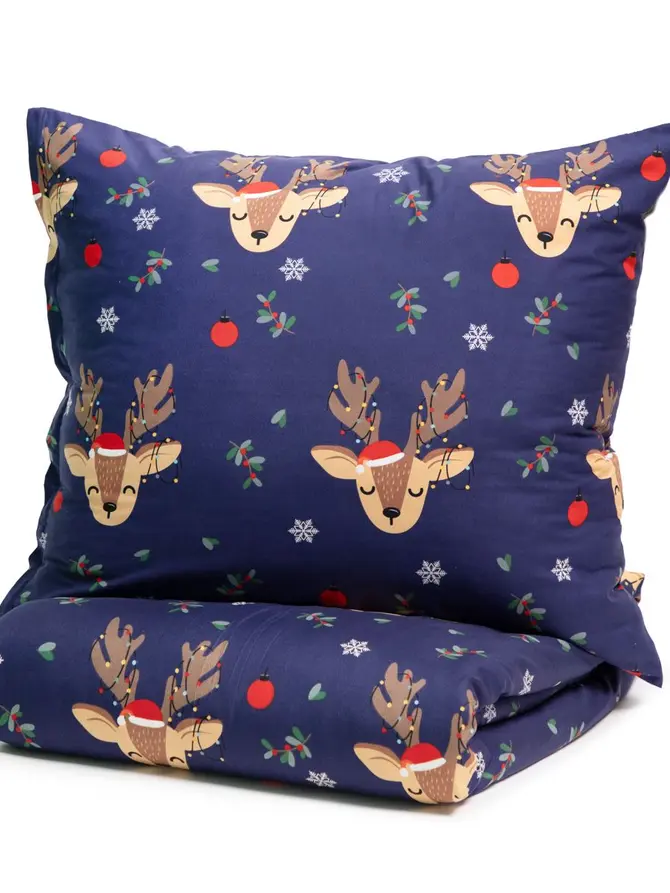 POŚCIEL RUDOLPH z mikrofibry granatowa w renifery 160x200 + 2*70x80 cm