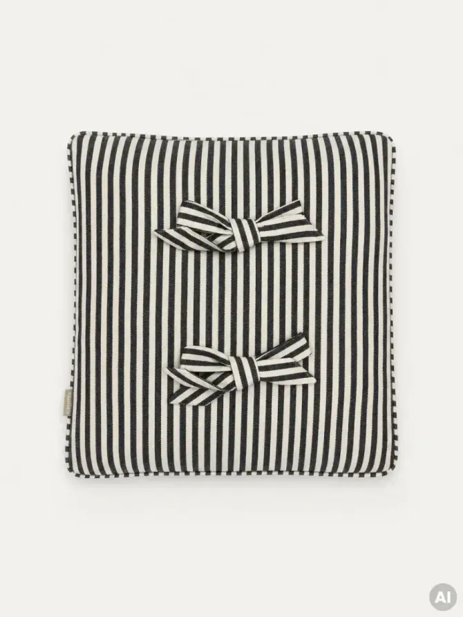 Poszewka SELUNE bawełniana z kokardkami w zielone paski 45x45 cm