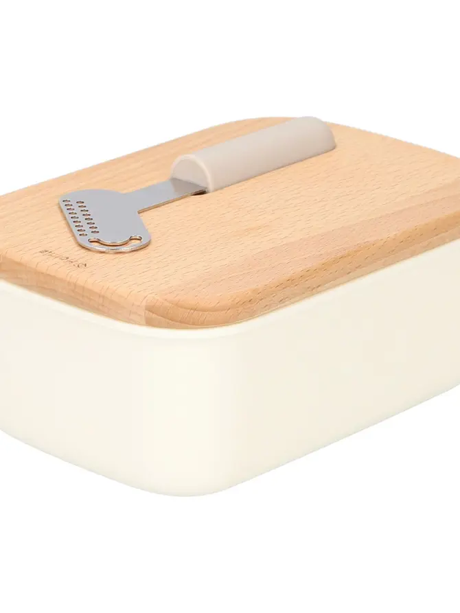 Maselniczka EASY COOK biała z pokrywką z drewna bukowego i nożykiem ze stali nierdzewnej 17x11 cm