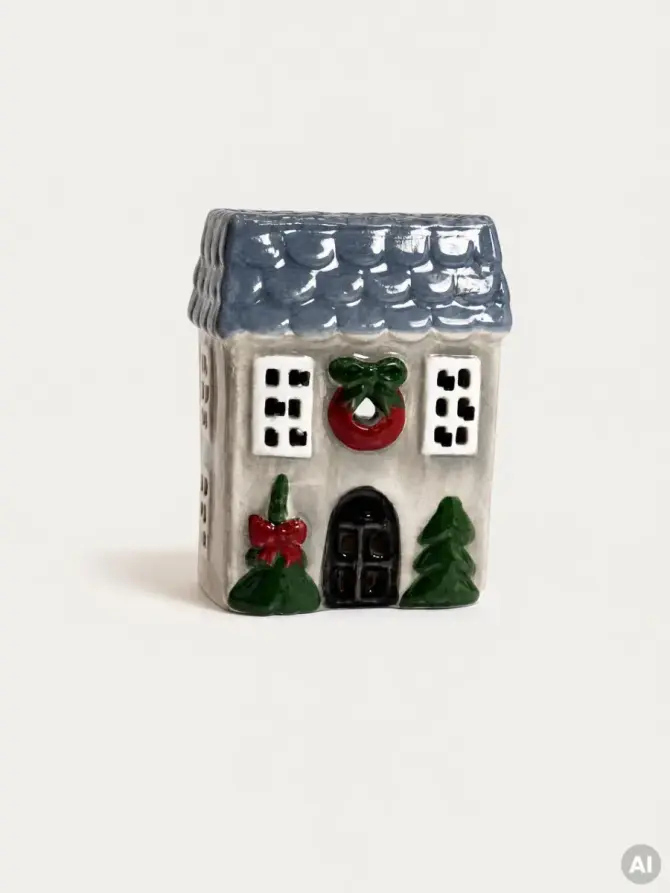 Lampion TOWNY domek ceramiczny z niebieskim dachem 7,5x6x10 cm