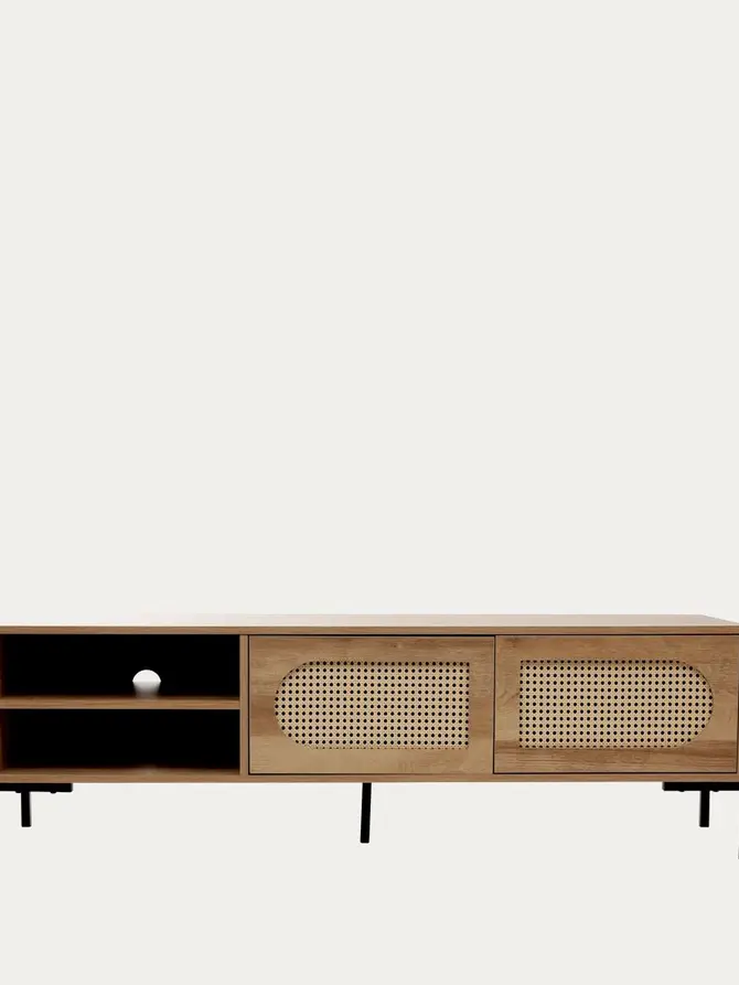 Szafka RTV HAGA z rattanem i z metalowymi nogami 140x40x44 cm