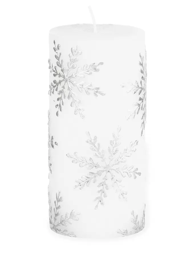 Świeca FROSTED ze śnieżynkami biała 13 cm