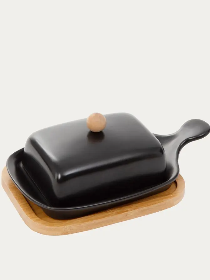 Maselniczka FINCAN porcelanowa z bambusową podstawką czarna 22 cm