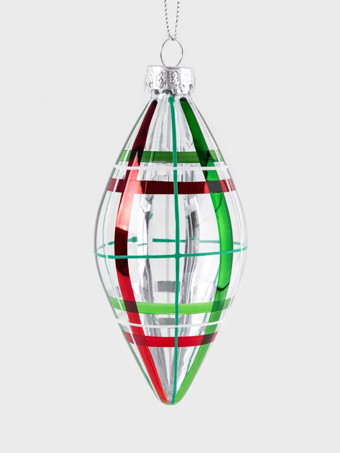 Bombka AMERE szklana transparentna w paski zielono-czerwone sopel 6x13 cm