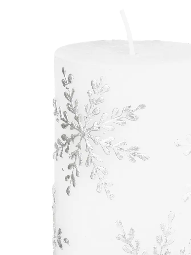 Świeca FROSTED ze śnieżynkami biała 13 cm