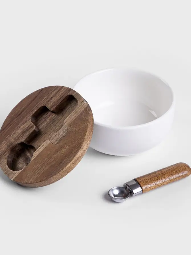 Cukiernica MOOKA z łyżeczką i akacjową pokrywką 5x10 cm