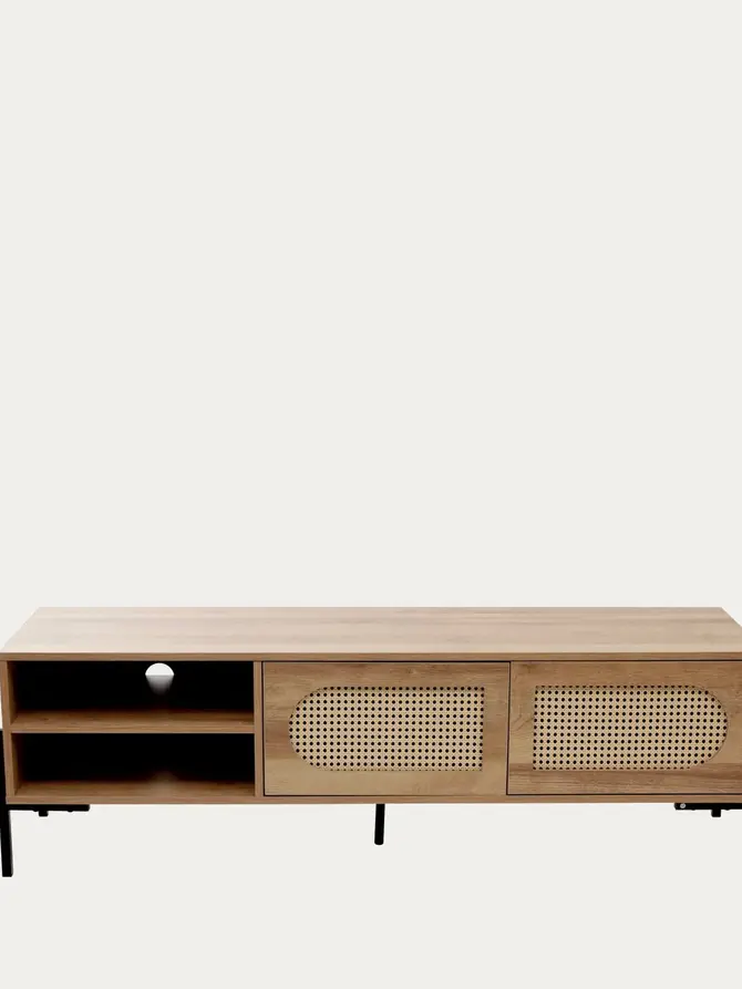 Szafka RTV HAGA z rattanem i z metalowymi nogami 140x40x44 cm