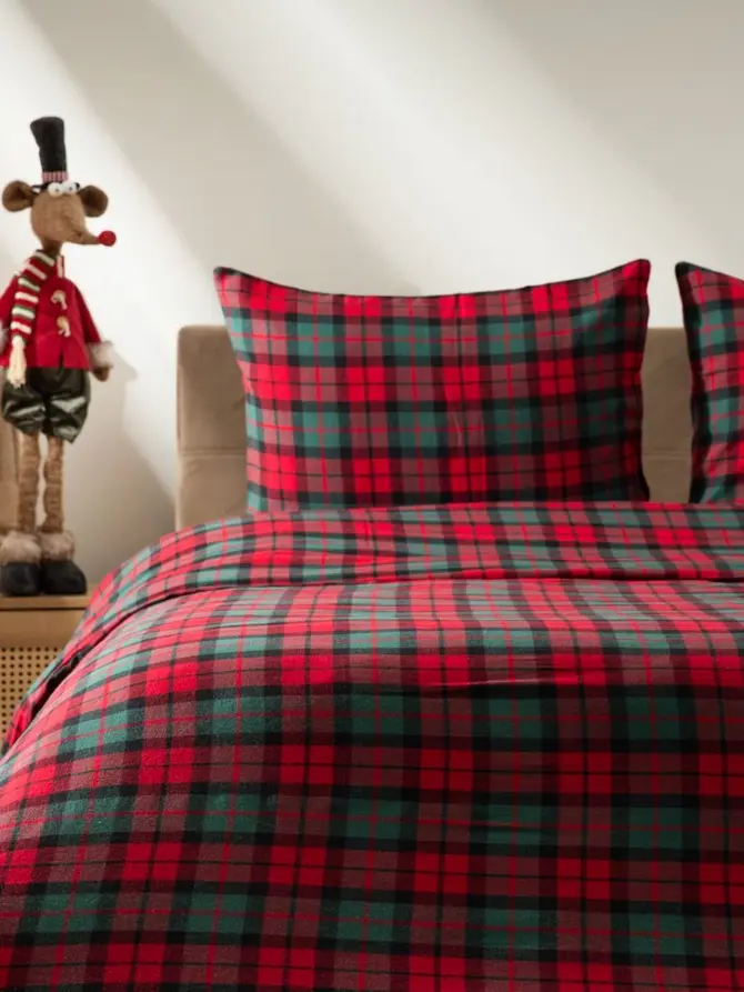 Pościel TARTAN flanelowa z barwionych nici w kratę 160x200 + 2*50x60 cm