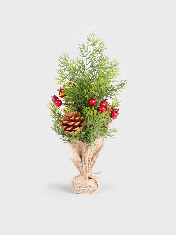 Choinka JULETRAN zielona z szyszkami i czerwonymi gałązkami 30 cm