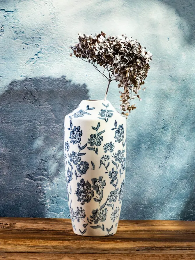 Wazon FLORAL HAMPTONS ceramiczny niebieskim wzorem 14x30 cm