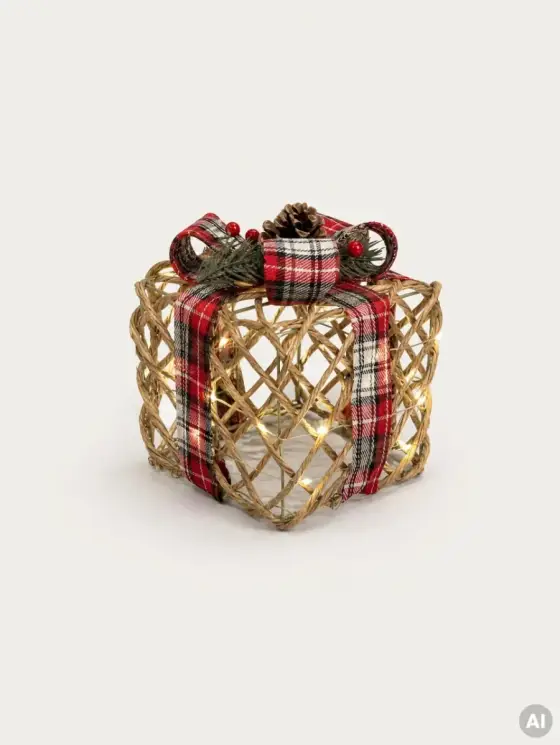Dekoracja LED ZYRELLA prezent świąteczny ratanowy 15x15 cm