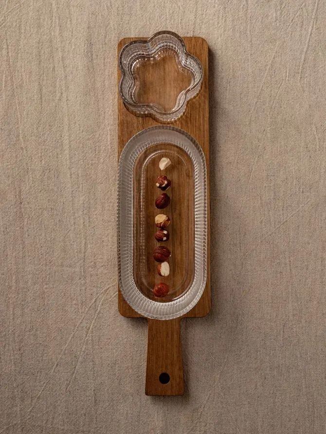 Zestaw do serwowania GIBARA na akacjowej podstawce ze szklanymi miseczkami, 33x8,5x6,5cm 3 el.