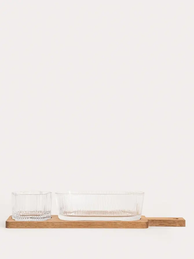 Zestaw do serwowania GIBARA na akacjowej podstawce ze szklanymi miseczkami, 33x8,5x6,5cm 3 el.