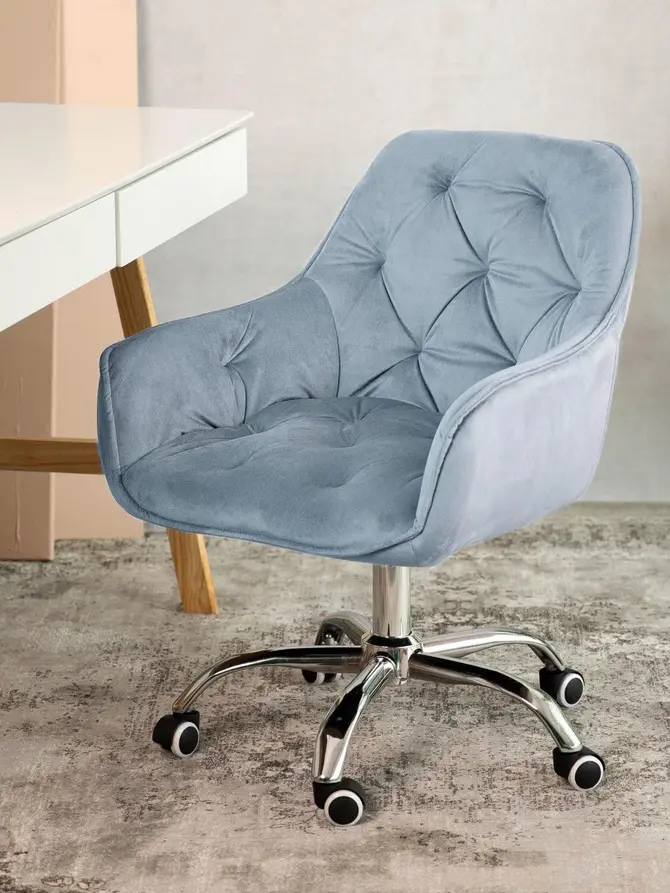 Fotel FLOSSI welurowy obrotowy niebieski 57x61x80-90 cm