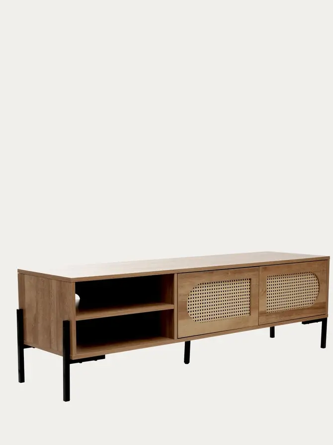 Szafka RTV HAGA z rattanem i z metalowymi nogami 140x40x44 cm