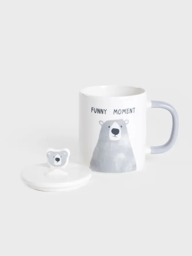 Kubek BATIS z szarym misiem i porcelanową pokrywką 0,35 l