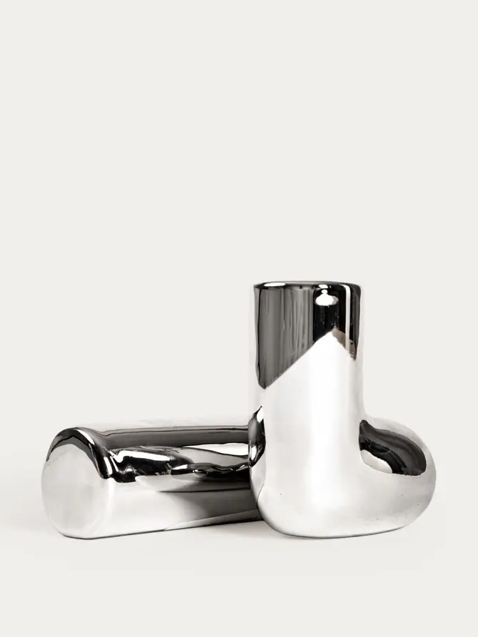 Świecznik SILVERI ceramiczny zakręcony srebrny 11,5x8,5x7,5 cm