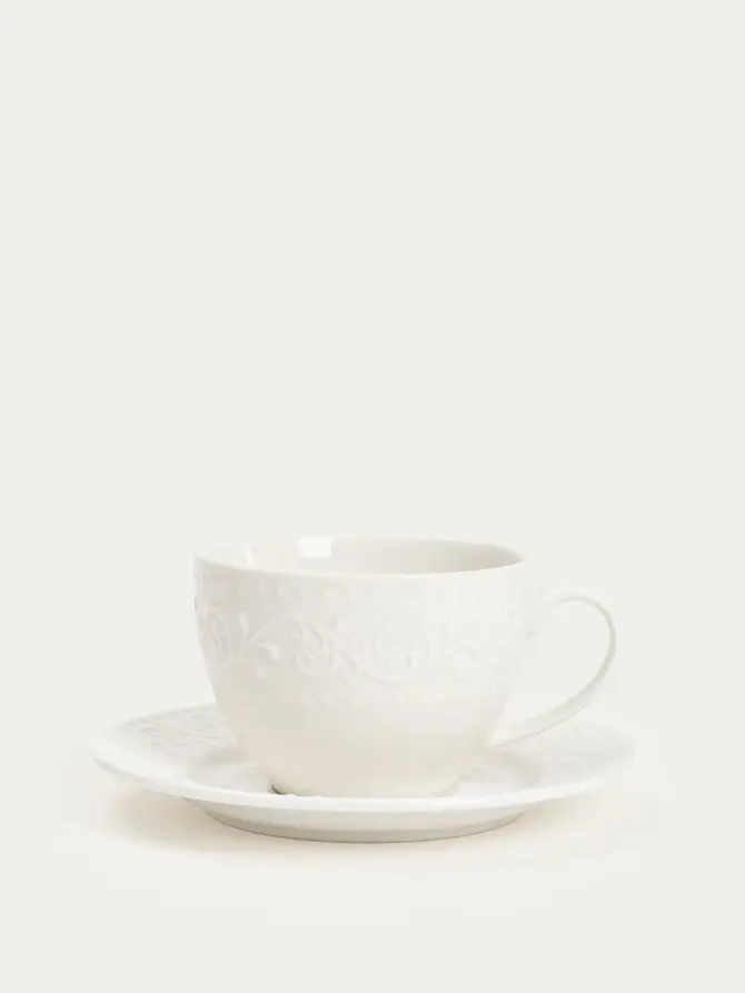 Zestaw filiżanek ze spodkiem SYLIA porcelanowych dużych białych z ornamentem 6 el.