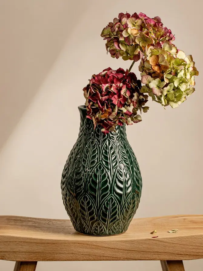 Wazon NATTO ceramiczny z tłoczeniami zielony 24x15,5 cm