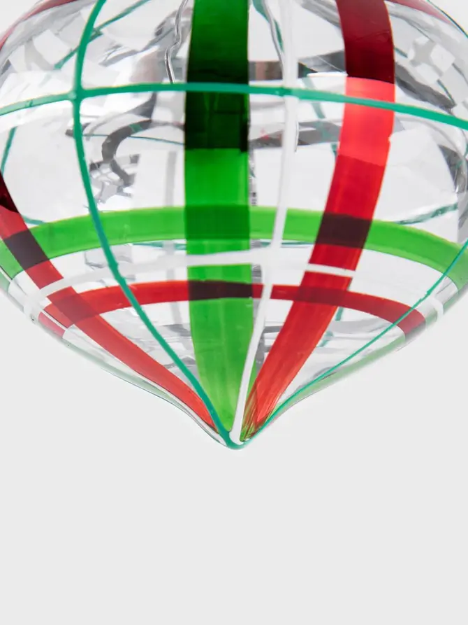 Bombka AMERE szklana transparentna w paski zielono-czerwone dół stożkowy 8 cm