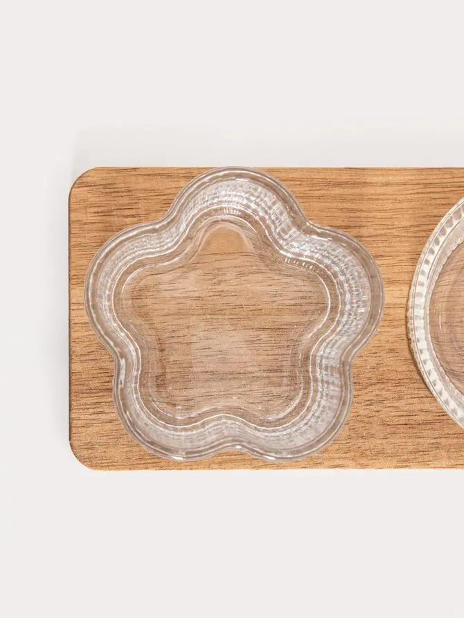 Zestaw do serwowania GIBARA na akacjowej podstawce ze szklanymi miseczkami, 33x8,5x6,5cm 3 el.