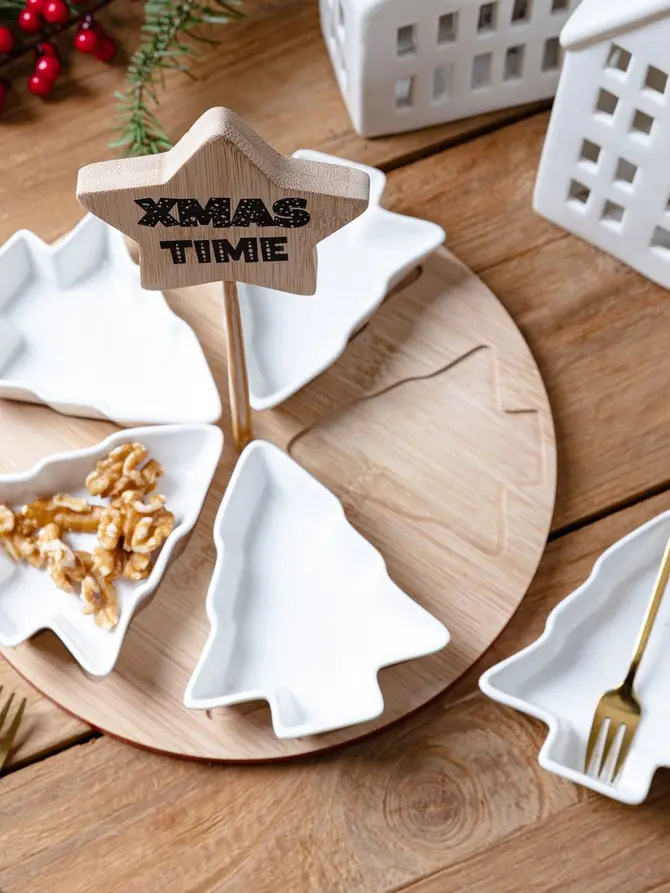 Deska TROEL okrągła z białymi miseczkami w kształcie choinki, 5 szt 25 cm