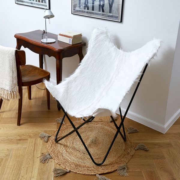 Fotel BUTTERFLY z metalową ramą - ecru z imitacji futra 70x80x102 cm
