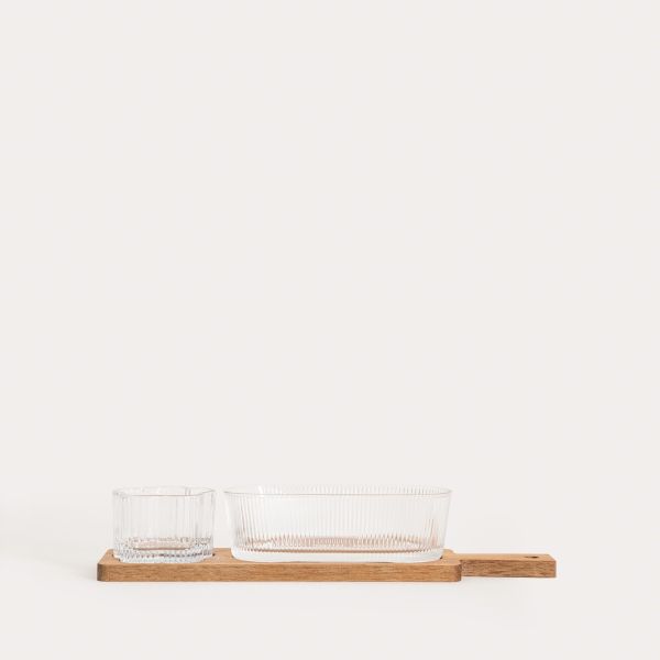 Zestaw do serwowania GIBARA na akacjowej podstawce ze szklanymi miseczkami, 33x8,5x6,5cm 3 el.