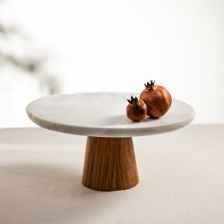 Patera MARBLE marmurowa na akacjowej nóżce 28x13 cm