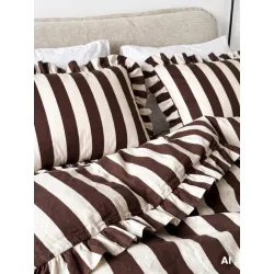Pościel TIFFANY z mikrofibry z falbanką w paski czekoladowo-ecru 220x200 + 2*50x60 cm